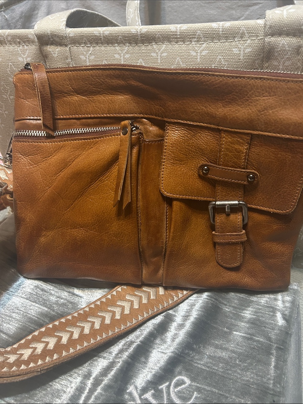 latico Cognac Leather Messenger Bag with Buckle Detail